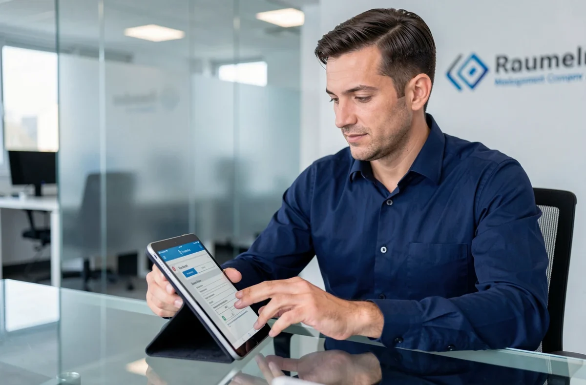 Agent immobilier accédant à des documents sécurisés via une application de gestion numérique sur tablette