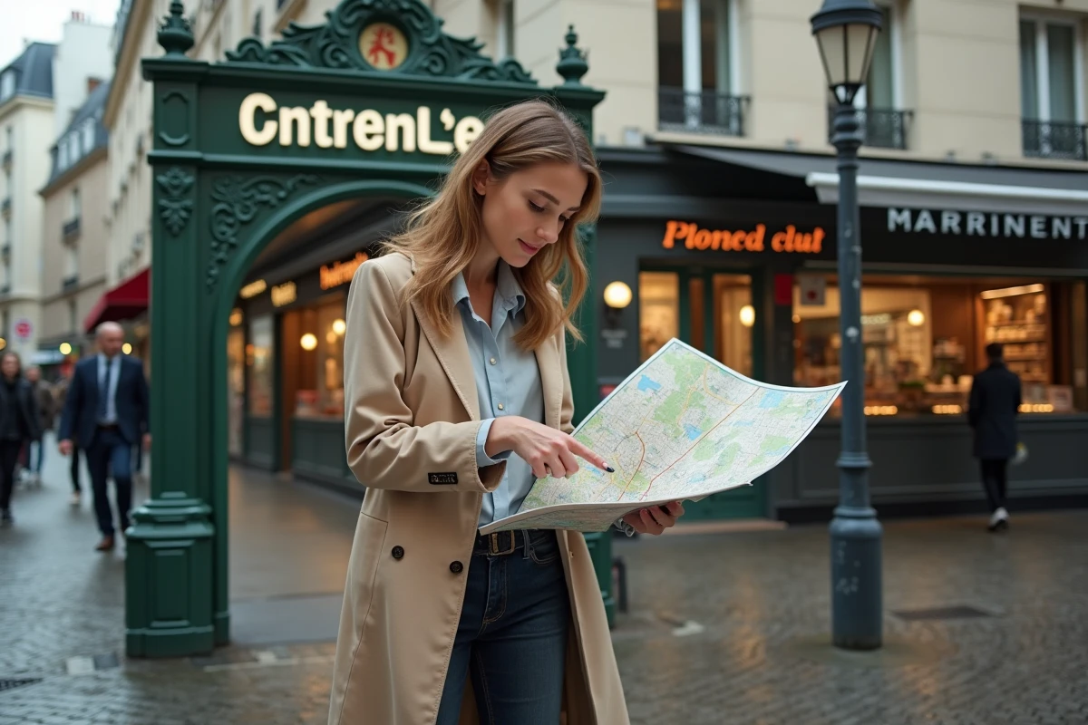 Femme consultant un plan près d'une station de métro pour accéder à la rue Manin Paris 19e
