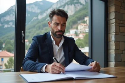 Acheteur immobilier consultant des documents dans une agence immobilière moderne en Andorre avec vue sur la ville