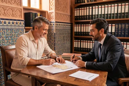 Français et notaire marocain examinant des documents immobiliers dans un bureau traditionnel de Marrakech