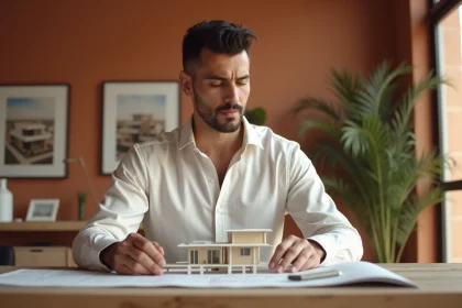 Agent immobilier marocain présentant les plans d'un appartement neuf sur plan à Marrakech dans une agence moderne