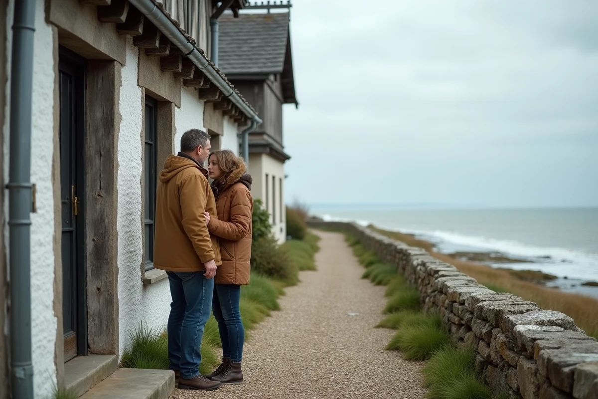 Couple visitant une maison à colombages en bord de mer en Normandie avant l'achat immobilier