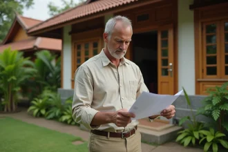 Un homme occidental examine des documents immobiliers devant une maison thaïlandaise traditionnelle en bois avec jardin tropical