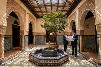 Couple visitant le patio d'un riad traditionnel à Marrakech avec fontaine en zellige et orangers, lors d'une visite immobilière en 2026