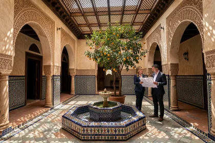 Couple visitant le patio d'un riad traditionnel à Marrakech avec fontaine en zellige et orangers, lors d'une visite immobilière en 2026
