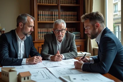 Couple examinant un contrat VEFA avec un notaire dans un bureau officiel, entour&eacute;s de plans architecturaux et de documents juridiques