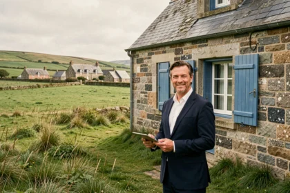 Agent immobilier professionnel devant une maison bretonne en pierre dans le Finistère