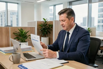 Agent d'assurance examinant les critères tarifaires d'une assurance propriétaire non occupant dans un bureau moderne