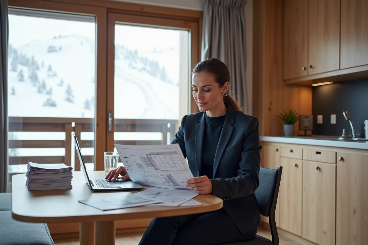Agent immobilier présentant un appartement aux Menuires avec balcon et vue sur les pistes à vendre