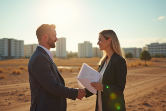 Agent immobilier serre la main d un couple sur un terrain ensoleille