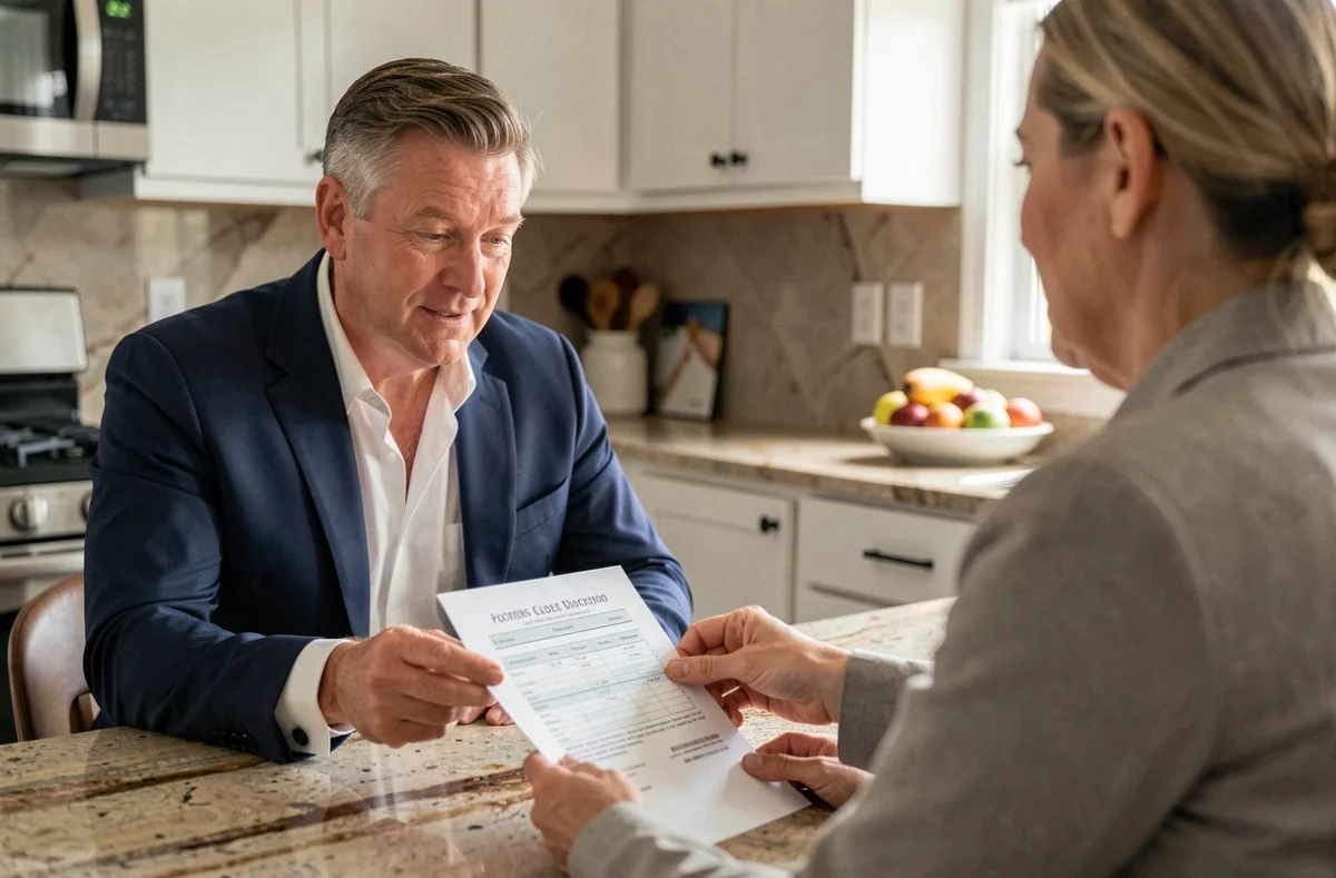 Agent immobilier présentant une estimation de valeur immobilière à un propriétaire autour d'une table de cuisine