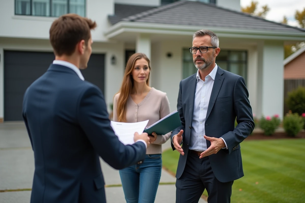Agent immobilier expliquant les termes du PTZ à un couple devant une maison