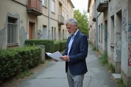 Agent immobilier inspectant un quartier dégradé à Champs-sur-Marne avec des immeubles vétustes en arrière-plan