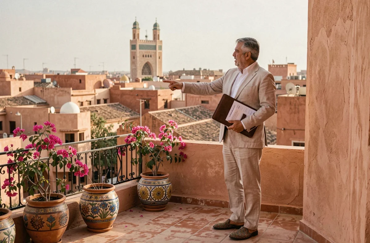 Agent immobilier marocain sur la terrasse d'un riad avec vue sur la médina de Marrakech et le minaret de la Koutoubia