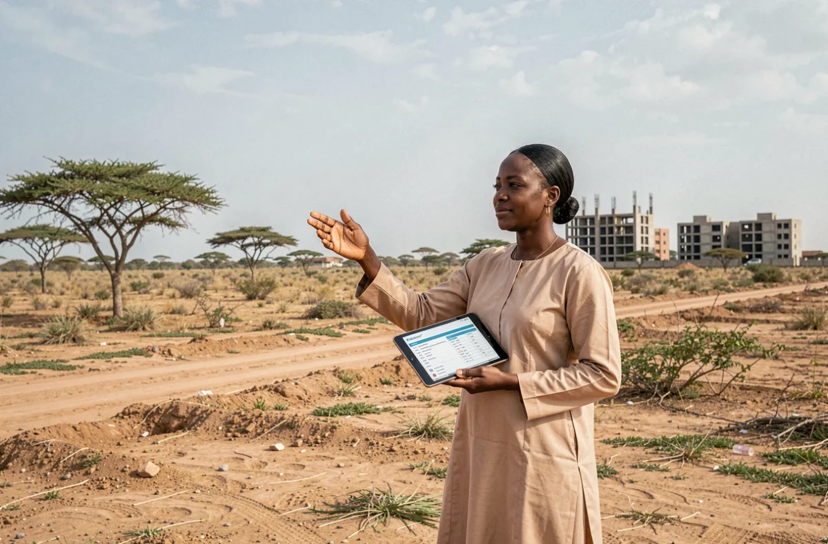 Agent immobilière sénégalaise présentant un terrain à vendre en périphérie de Dakar avec une tablette numérique