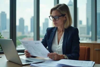 Agent immobilier femme analysant un document fiscal TVA marchand de bien dans un bureau professionnel moderne