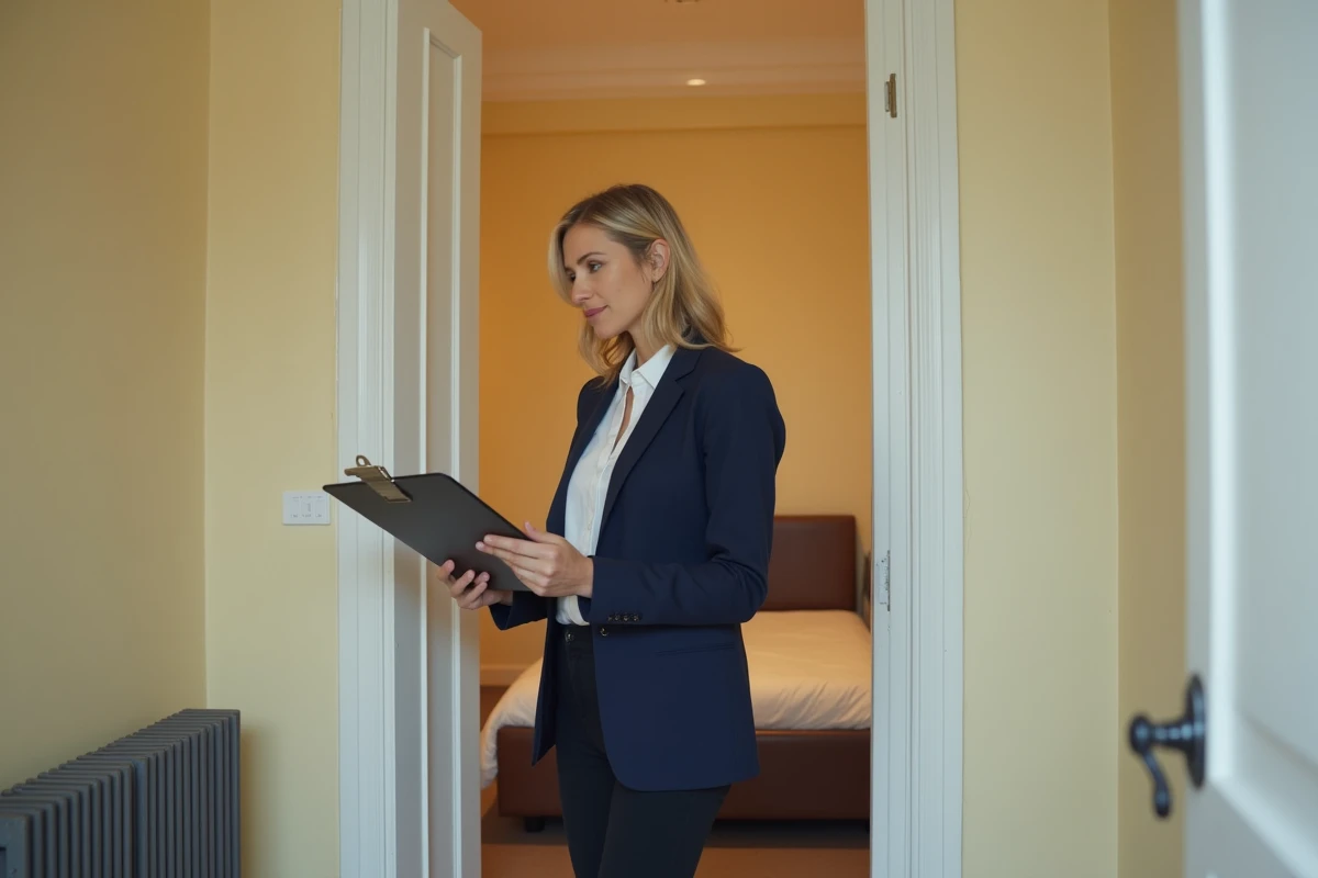 Agente immobili&egrave;re v&eacute;rifiant les normes de superficie d'une chambre dans un appartement T2 lors d'un contr&ocirc;le de d&eacute;cence