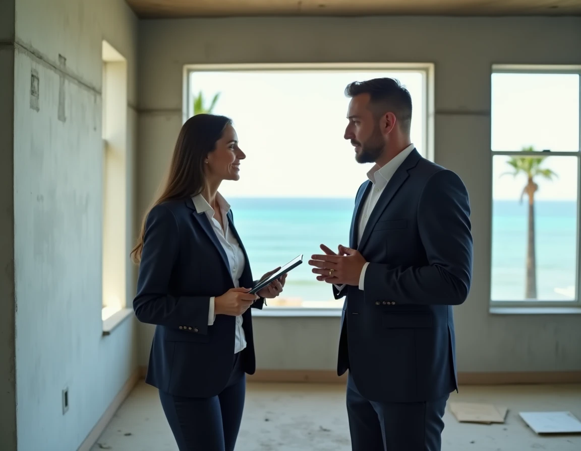Agent immobilière présentant un appartement en condominium en vente à Phuket à un acheteur expatrié lors d'une visite de bien