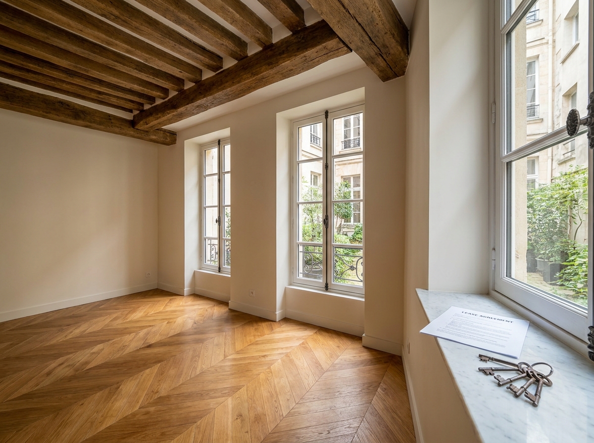 Appartement rénové avec parquet en chevrons et poutres apparentes dans le 3e arrondissement de Paris
