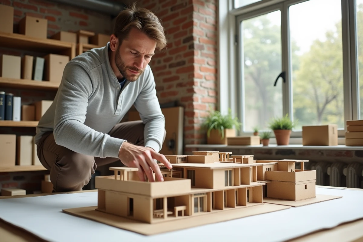 Architecte examinant une maquette de logements durables dans un studio créatif pour un projet immobilier RSE
