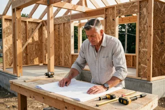 Architecte examinant des plans d'extension en ossature bois sur un chantier résidentiel avec structure en bois apparente