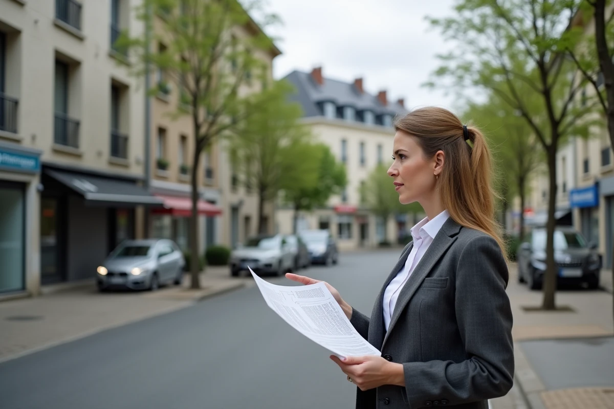 Architecte tenant un document de réglementation d'usage des sols devant un quartier résidentiel en zone mixte