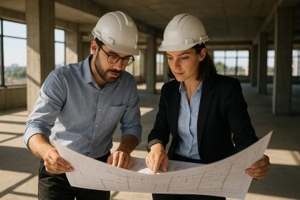 Deux architectes examinant des plans sur un chantier ensoleille