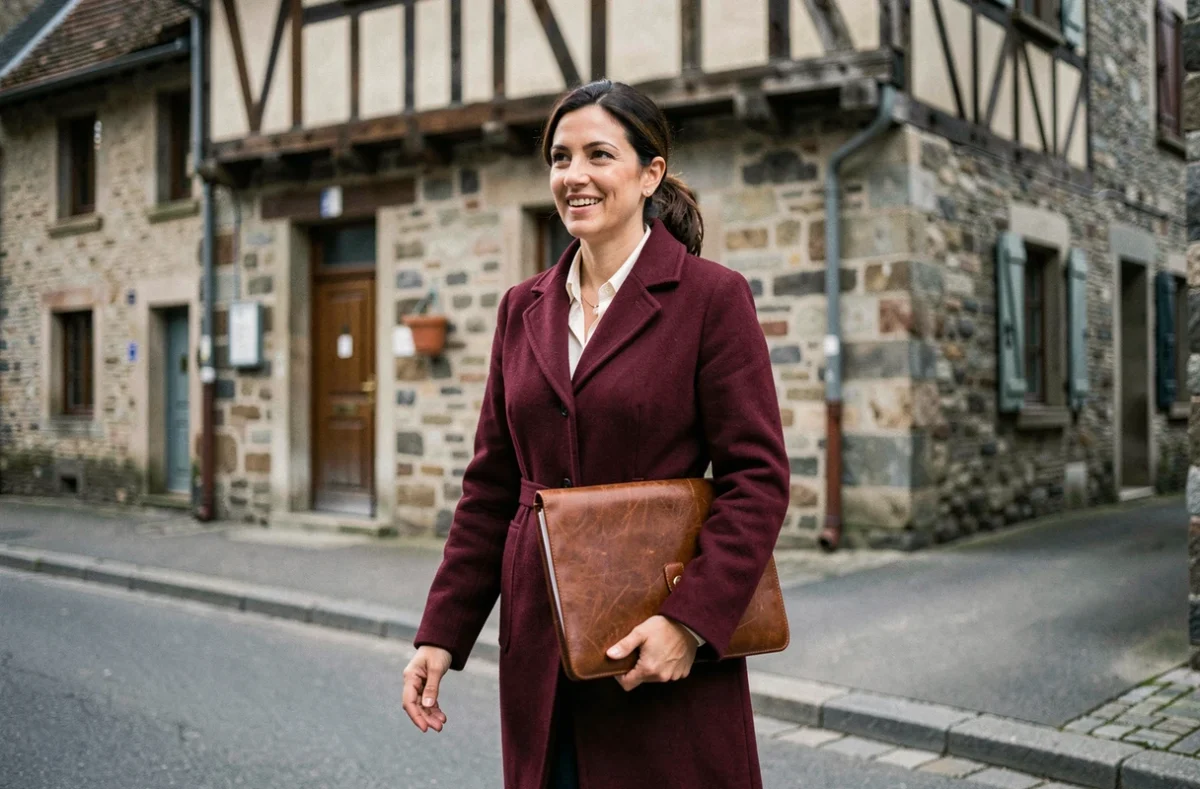 Agente immobilière d'Avenir Immobilier à Morteau marchant dans une rue avec des bâtiments en pierre typiques du Doubs