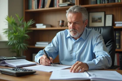 Propriétaire bailleur examinant un contrat de bail locatif dans un bureau avec des classeurs juridiques en arrière-plan
