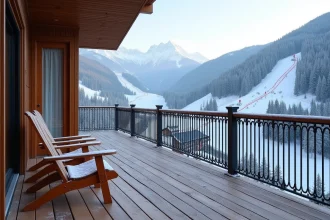 Balcon enneigé d'un appartement aux Menuires avec vue panoramique sur les pistes de ski