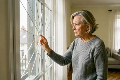 Femme examinant une vitre fissurée dans un appartement moderne, illustration de la garantie bris de glace en assurance habitation