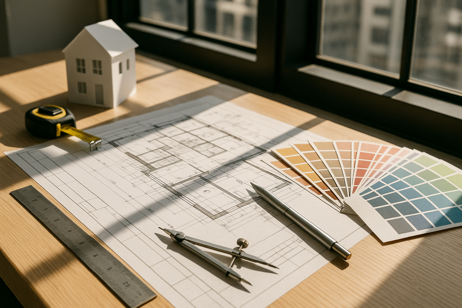 Plan de bureau d architecte avec plans et outils de mesure