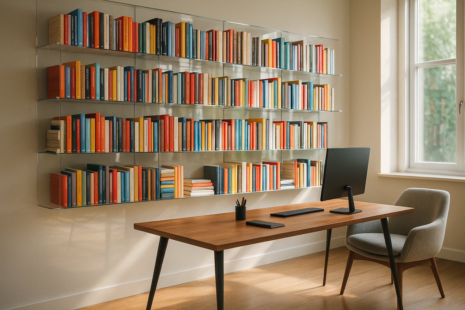 Bureau avec étagère en plexiglas et bibliothèque colorée