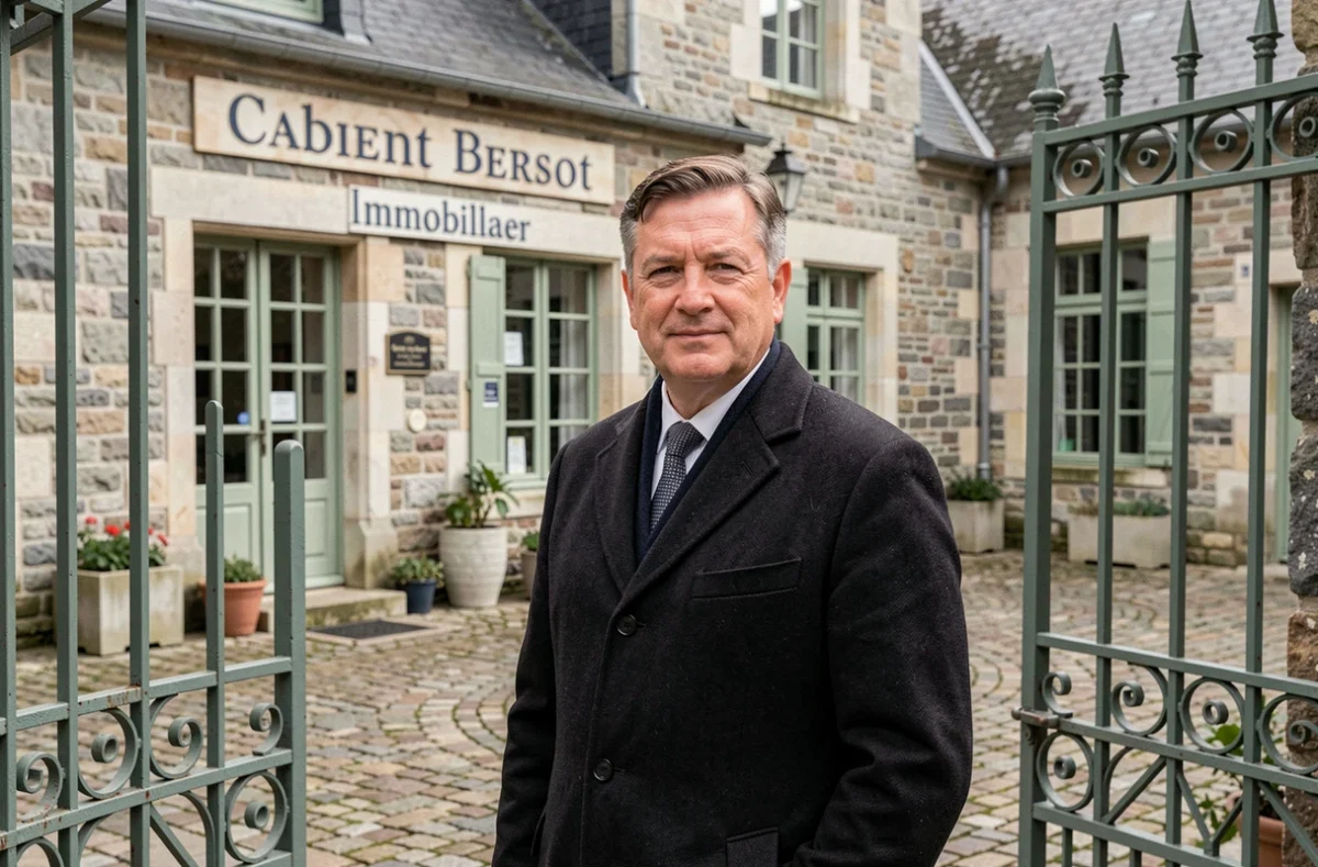 Agent immobilier Cabinet Bersot dans le Doubs devant un bâtiment en pierre traditionnel avec portail en fer forgé