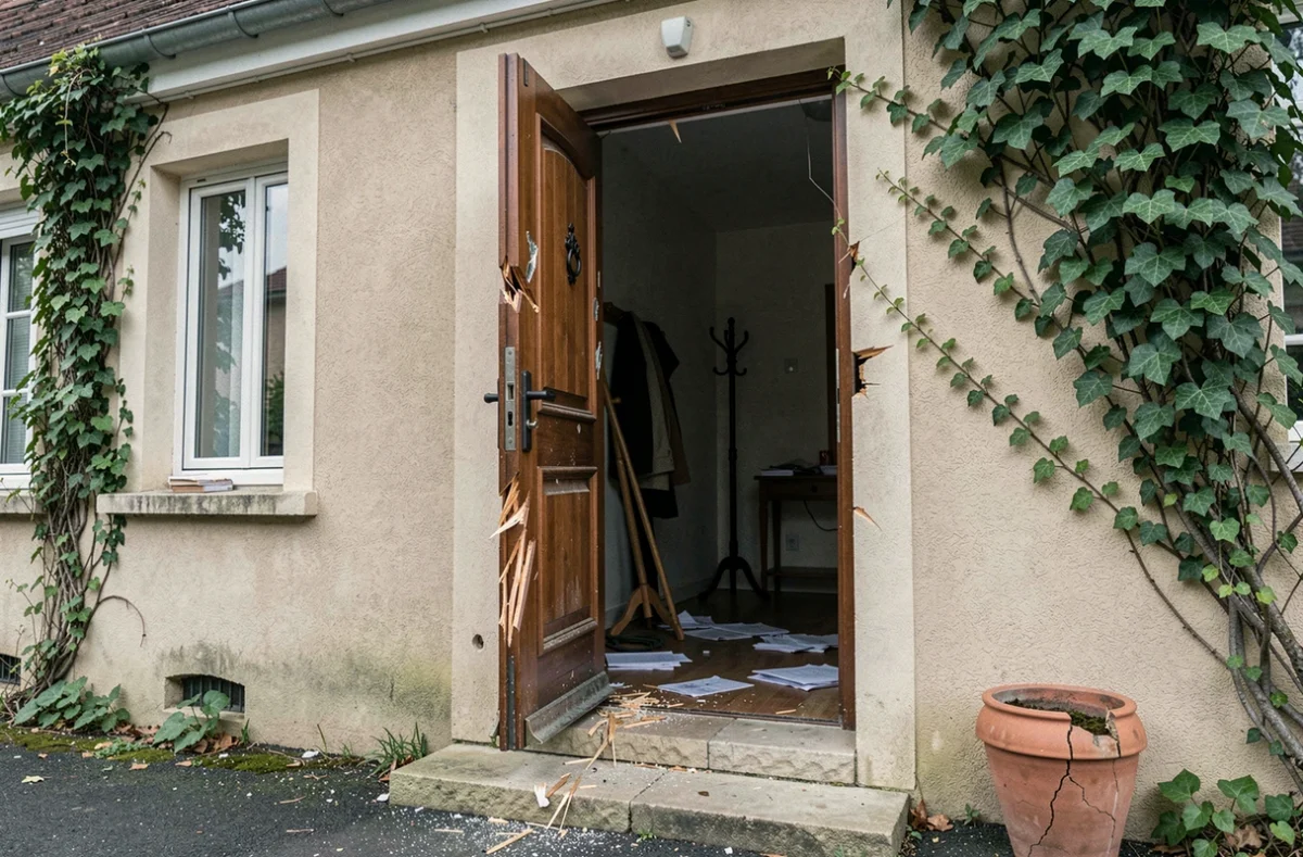 Porte d'entrée fracturée après un cambriolage dans une maison individuelle