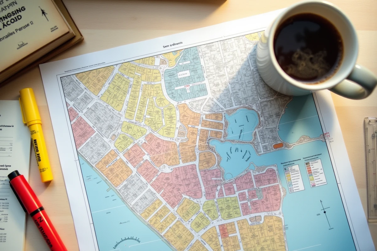 Vue aérienne d'une carte de zonage cadastral annotée entourée d'outils de travail sur un bureau en bois