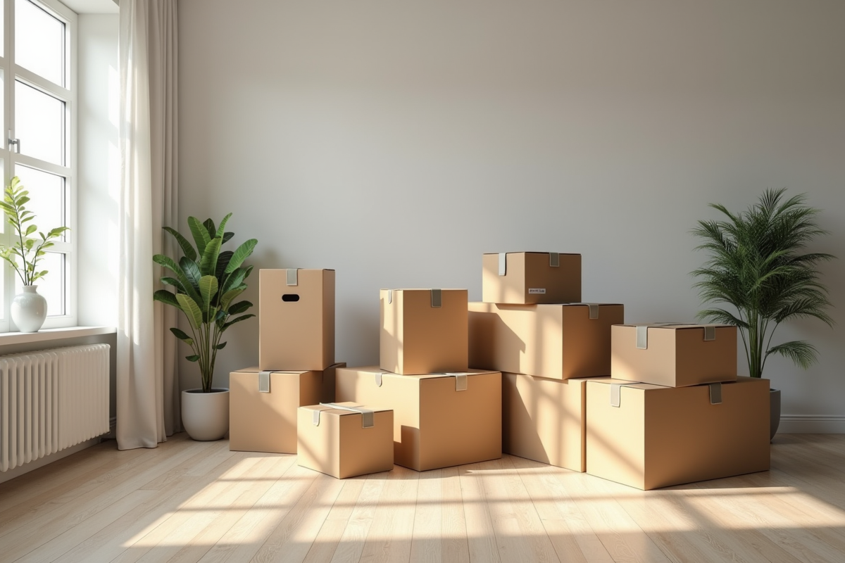 Pile de cartons étiquetés dans un salon lumineux et moderne