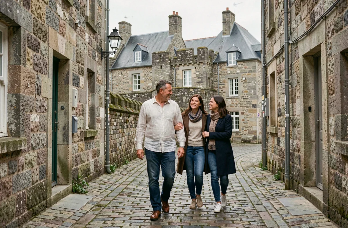 Agent de Celimmo accompagnant des clients dans la ville close de Concarneau dans le Finistère