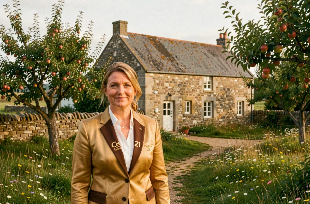 Agente Century 21 devant une longère bretonne traditionnelle dans le Finistère