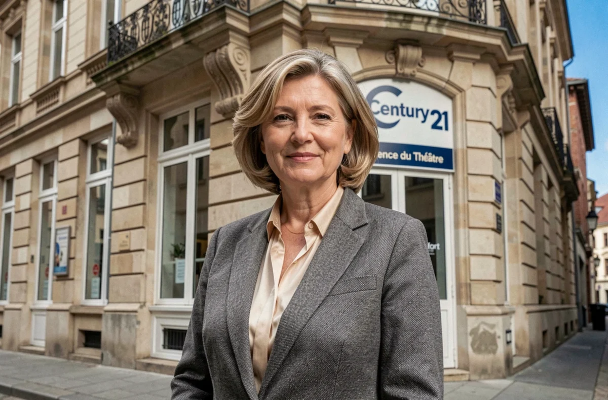 Professionnelle immobilière Century 21 Agence du Théâtre à Belfort devant une façade en pierre historique