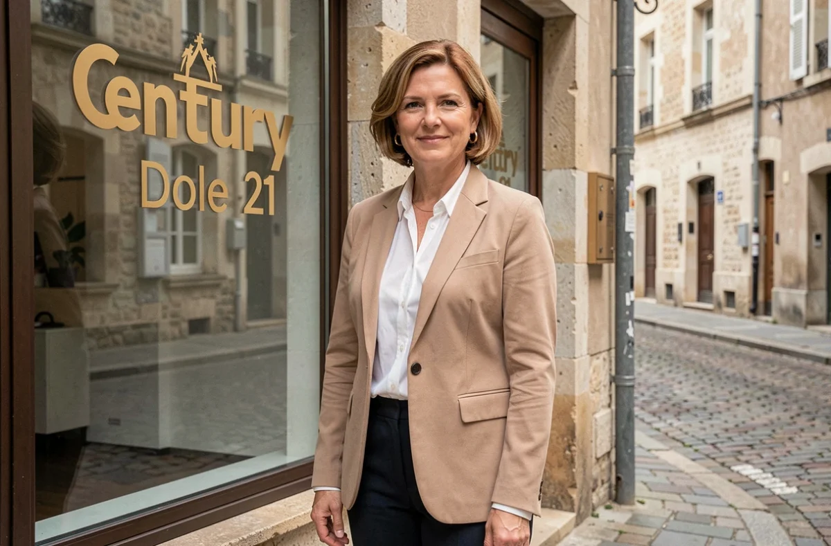 Agente immobilière devant l'agence Century 21 Cabinet Faivre à Dole, spécialisée en syndic de copropriété