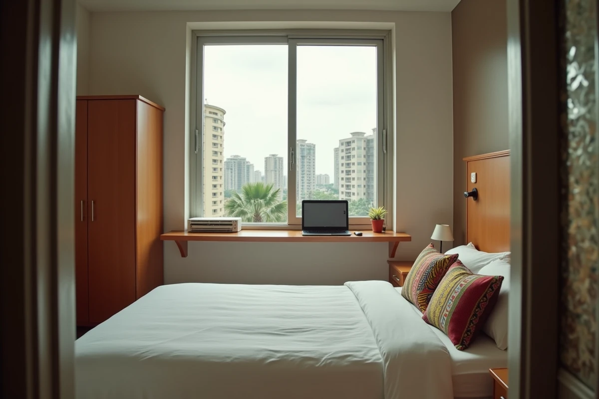 Chambre d'un studio meublé à Abidjan avec vue sur la skyline urbaine et décoration locale