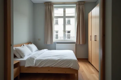 Chambre d'un appartement T2 aux dimensions conformes aux normes de d&eacute;cence, avec lit double, parquet clair et fen&ecirc;tre sur cour urbaine