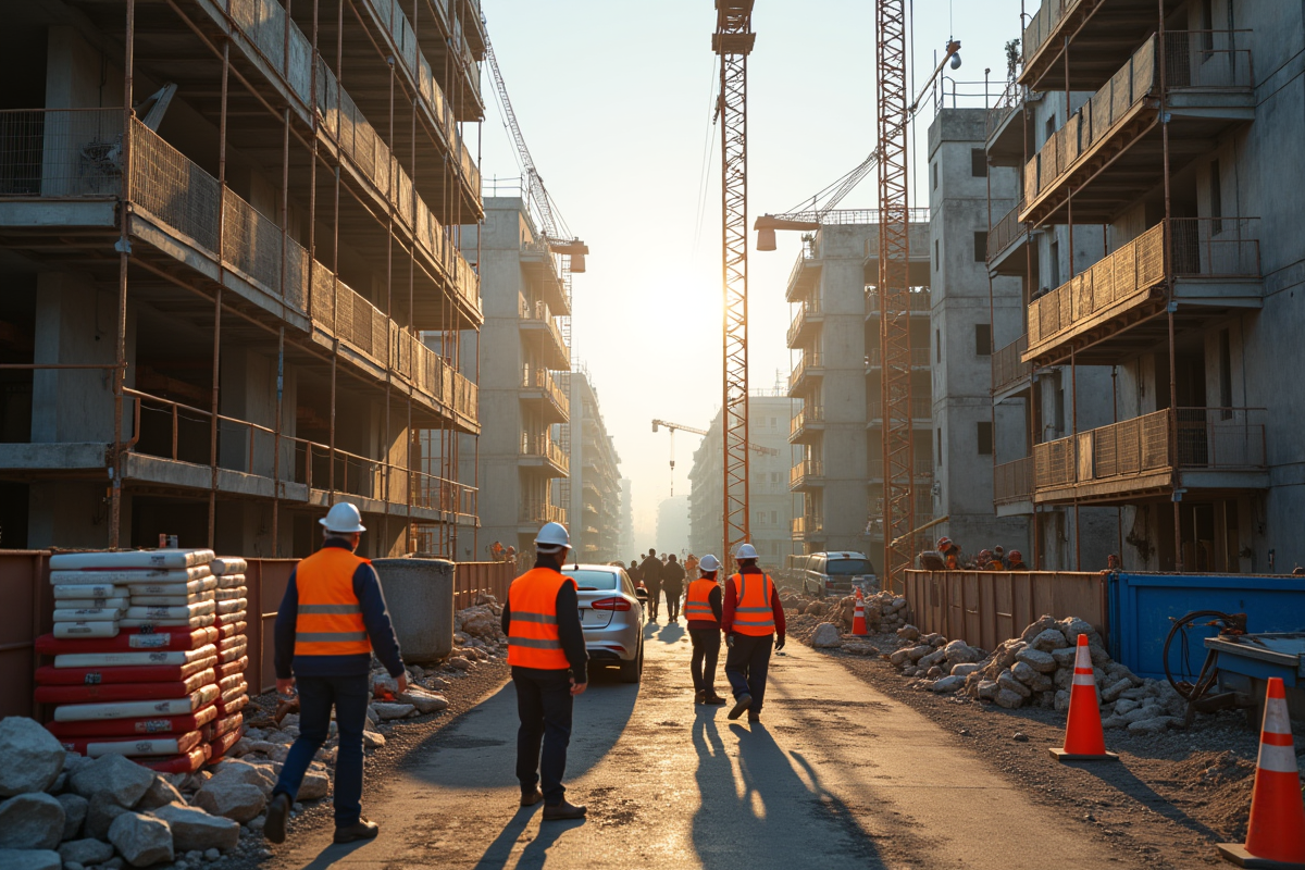 Chantier de construction à Bordeaux avec ouvriers et grues