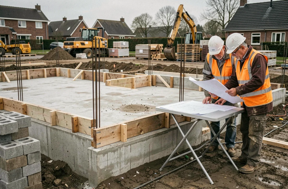Chantier de construction d'un pavillon en Normandie avec ouvriers consultant des plans sur dalle béton en cours