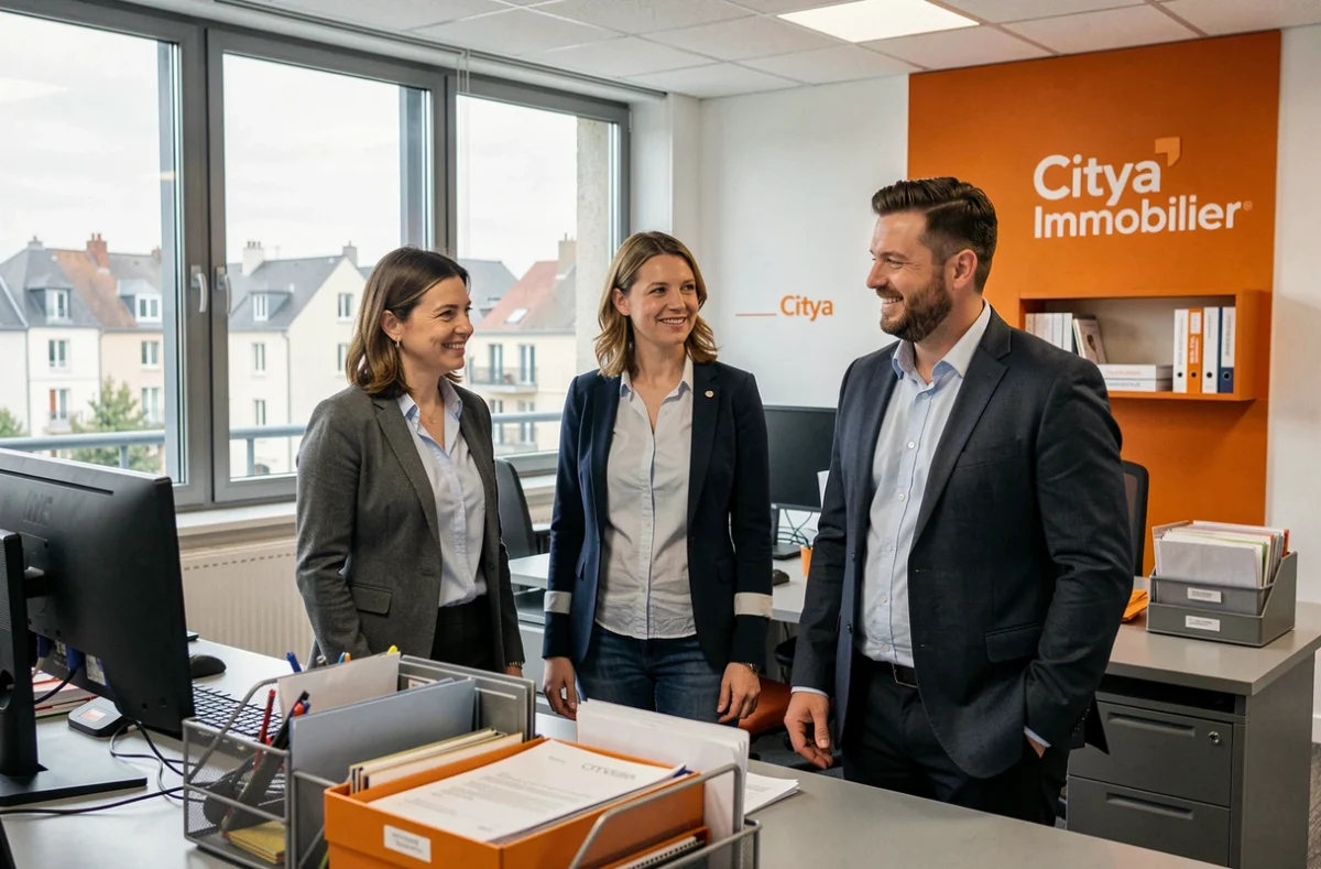 Équipe de gestionnaires Citya Immobilier en Bourgogne-Franche-Comté dans un bureau moderne avec éléments de marque orange