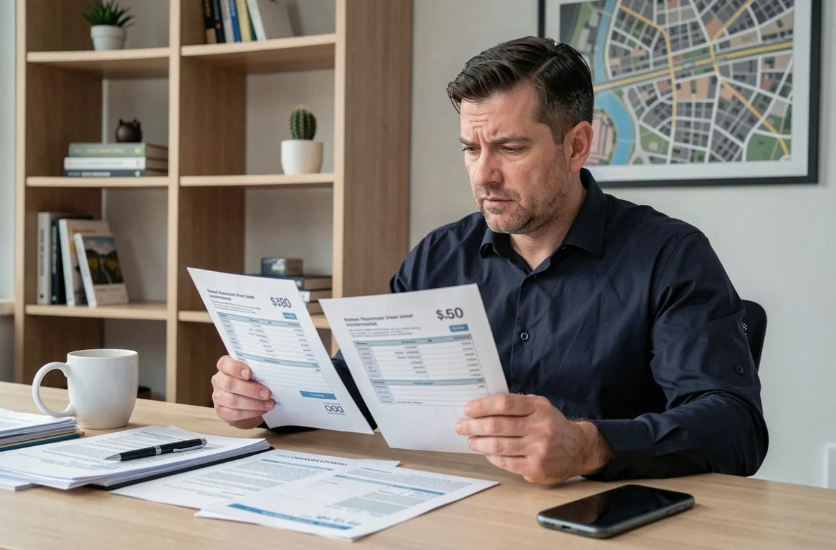 Homme comparant des devis d'assurance habitation imprimés dans un bureau à domicile