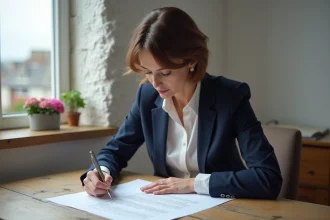 Femme consultant un compromis de vente immobilier dans un bureau de notaire en Normandie, bord de mer