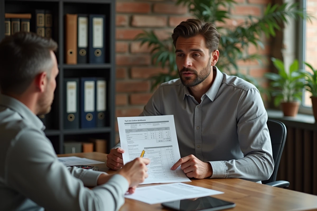 Comptable expliquant l'option TVA marchand de bien à un client lors d'une consultation fiscale