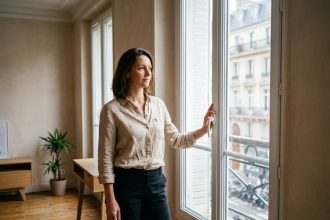 Femme appuyée sur le cadre d'une fenêtre double vitrage dans un appartement parisien, illustrant le confort thermique des fenêtres récentes